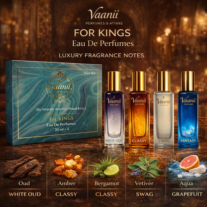 Vaanii Perfumes Eau De Parfum Gift Set for Men, 4 x 20ml Mini Perfumes, King Set Scents - front view