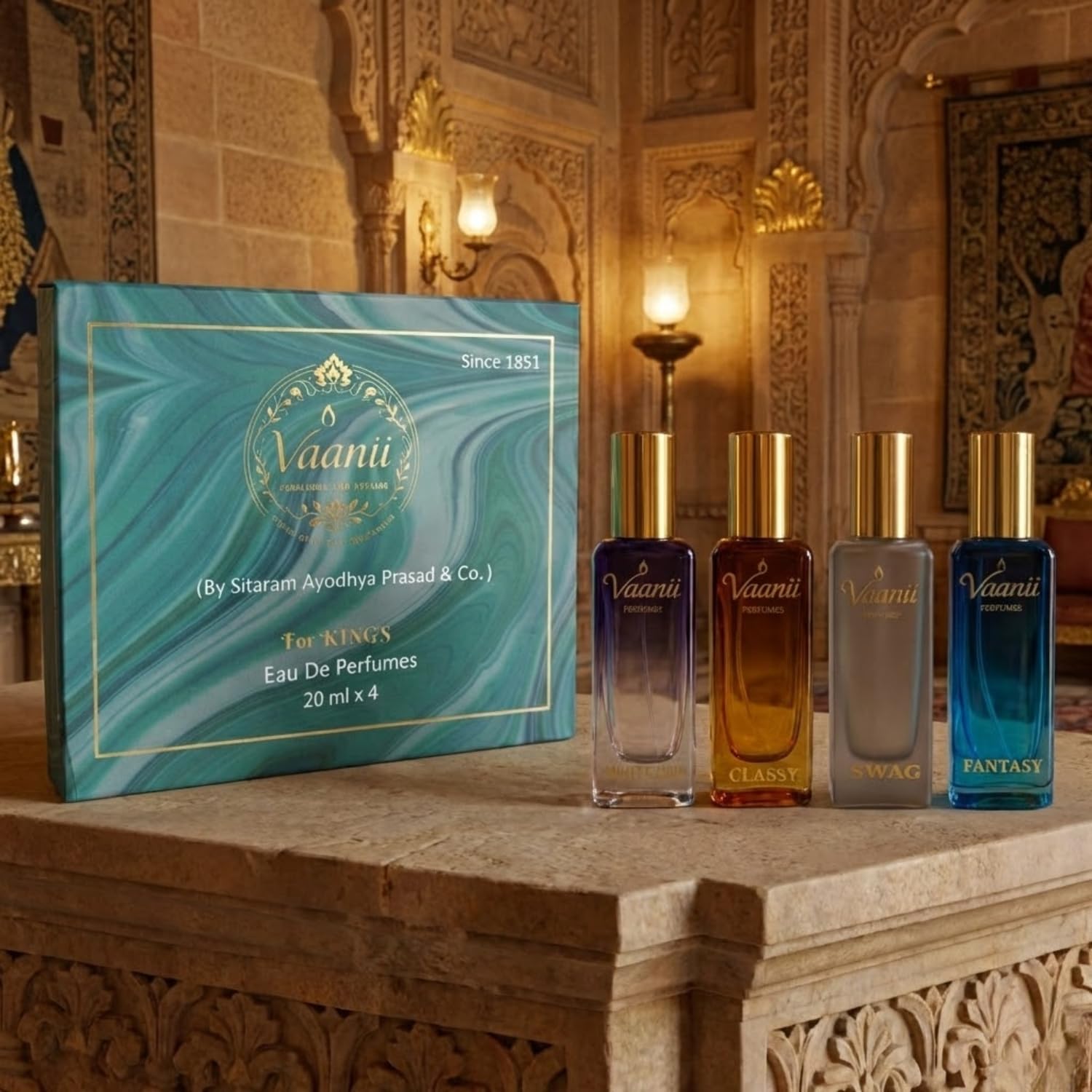 Vaanii Perfumes Eau De Parfum Gift Set for Men, 4 x 20ml Mini Perfumes, King Set Scents - label detail
