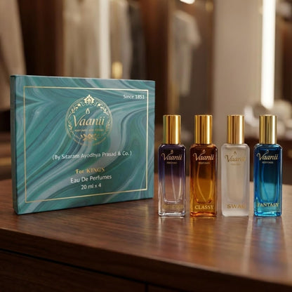 Vaanii Perfumes Eau De Parfum Gift Set for Men, 4 x 20ml Mini Perfumes, King Set Scents - close-up detail