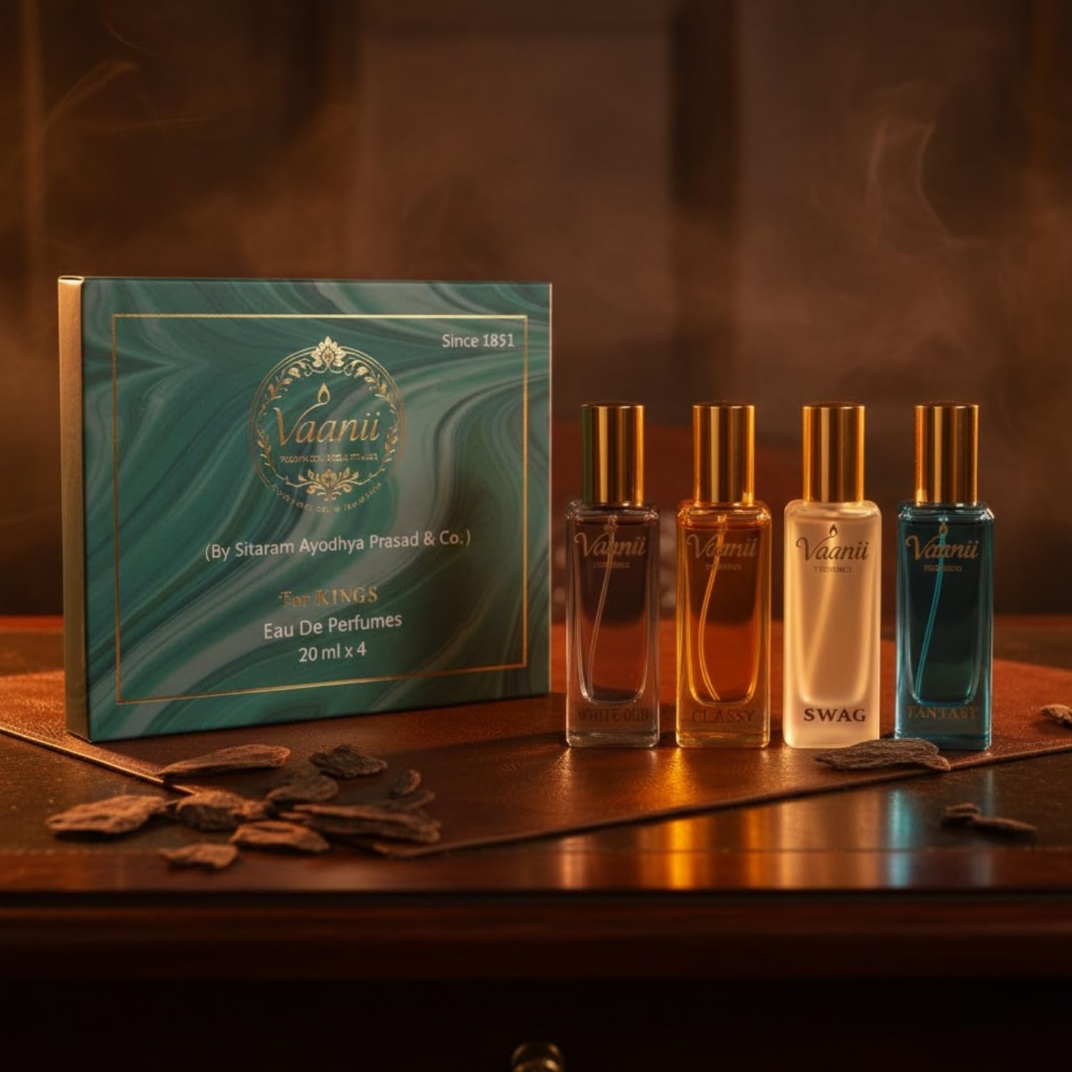 Vaanii Perfumes Eau De Parfum Gift Set for Men, 4 x 20ml Mini Perfumes, King Set Scents - in use