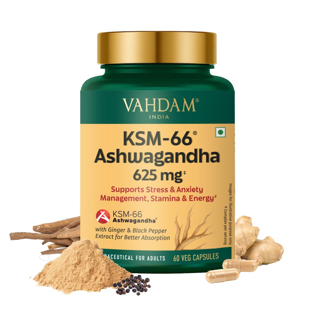 VAHDAM KSM-66 Ashwagandha Capsules, 600mg Root Extract, 5% Withanolides, 60 Veg Capsules, Herbal Supplement