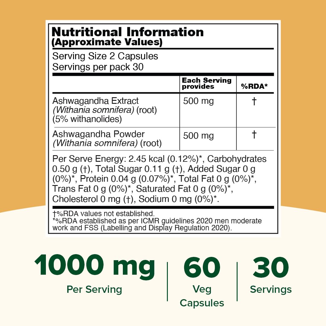 VAHDAM KSM-66 Ashwagandha Capsules, 600mg Root Extract, 5% Withanolides, 60 Veg Capsules, Herbal Supplement - front view (11)