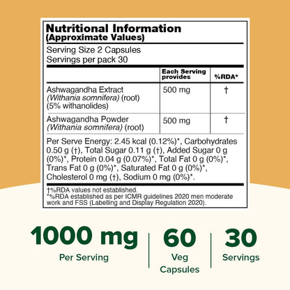 VAHDAM KSM-66 Ashwagandha Capsules, 600mg Root Extract, 5% Withanolides, 60 Veg Capsules, Herbal Supplement - front view (11)
