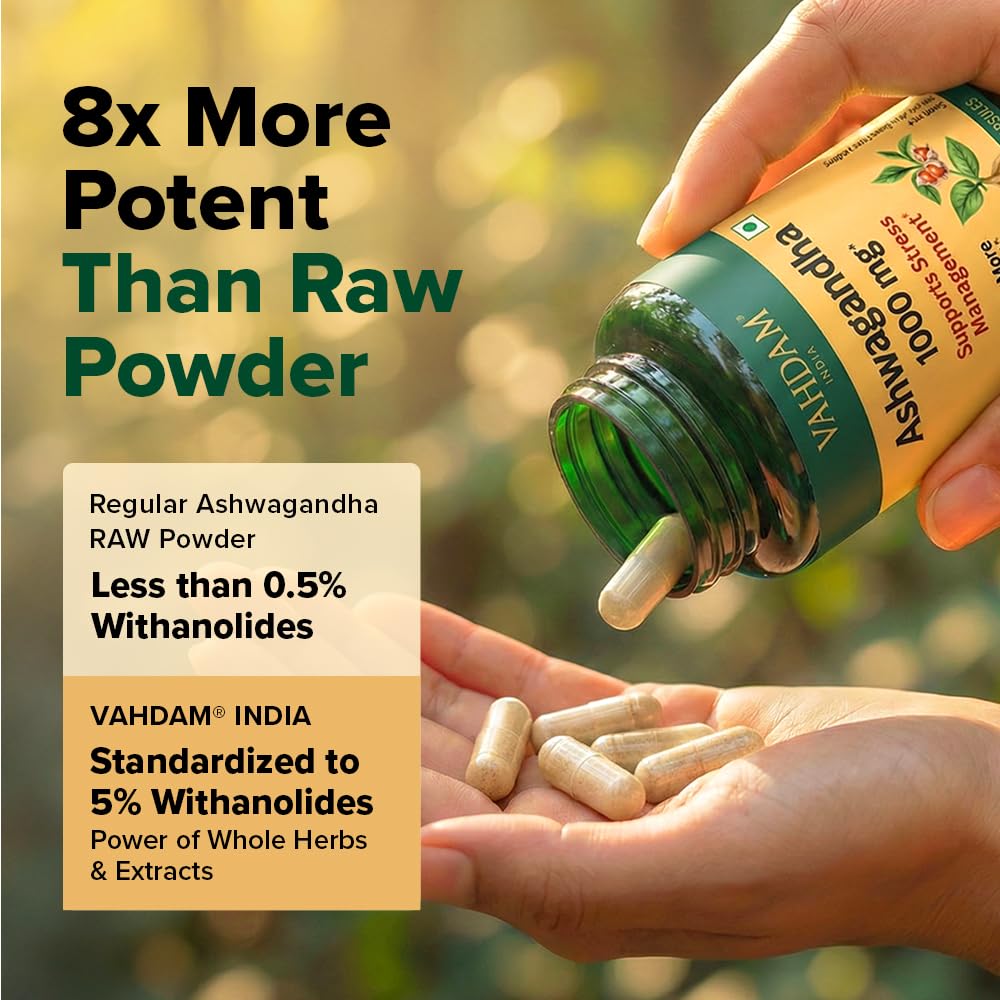 VAHDAM KSM-66 Ashwagandha Capsules, 600mg Root Extract, 5% Withanolides, 60 Veg Capsules, Herbal Supplement - back view (12)