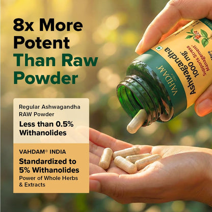 VAHDAM KSM-66 Ashwagandha Capsules, 600mg Root Extract, 5% Withanolides, 60 Veg Capsules, Herbal Supplement - back view (12)