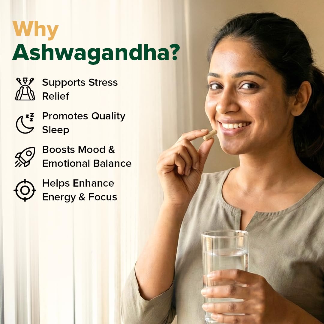 VAHDAM KSM-66 Ashwagandha Capsules, 600mg Root Extract, 5% Withanolides, 60 Veg Capsules, Herbal Supplement - label detail (1