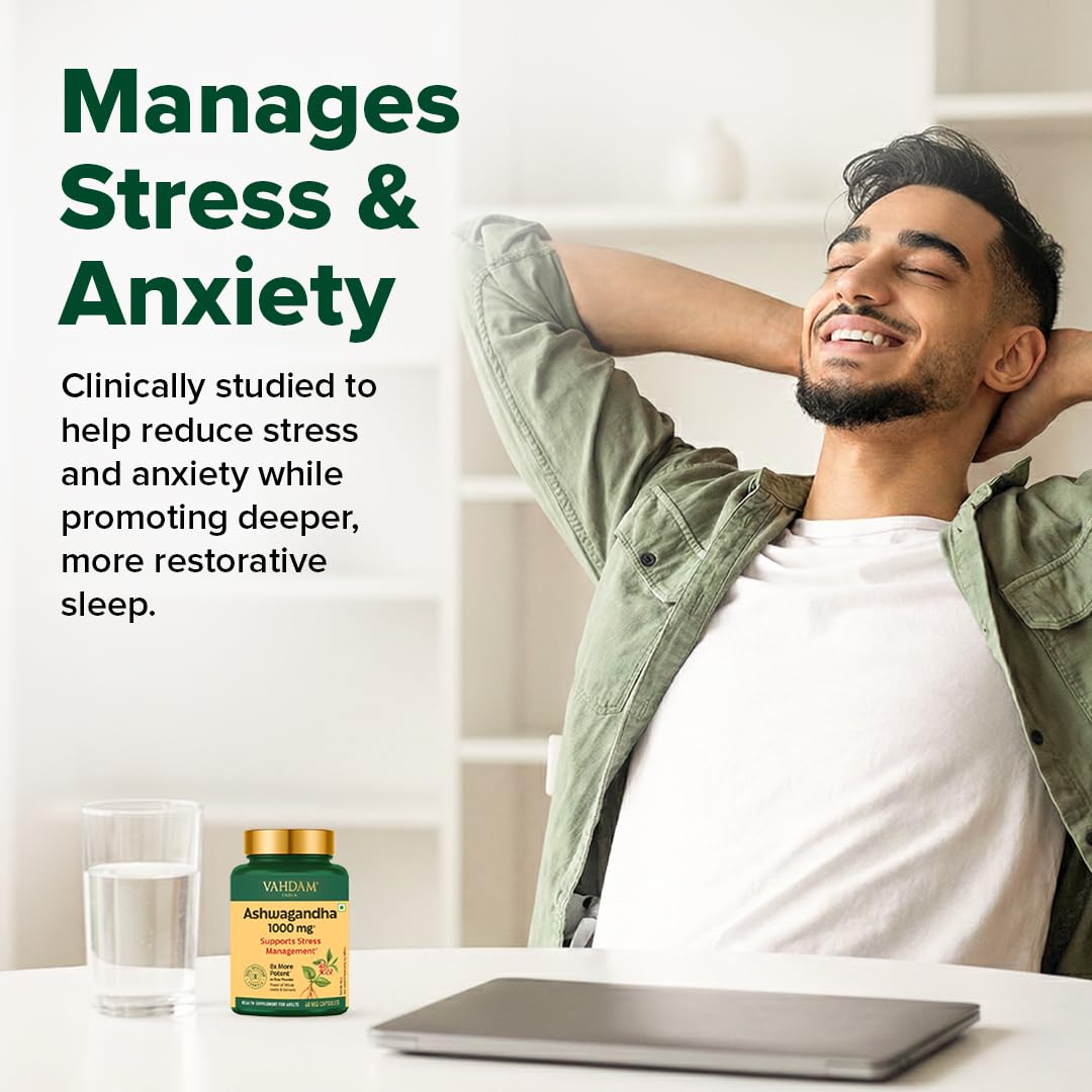 VAHDAM KSM-66 Ashwagandha Capsules, 600mg Root Extract, 5% Withanolides, 60 Veg Capsules, Herbal Supplement - close-up detail