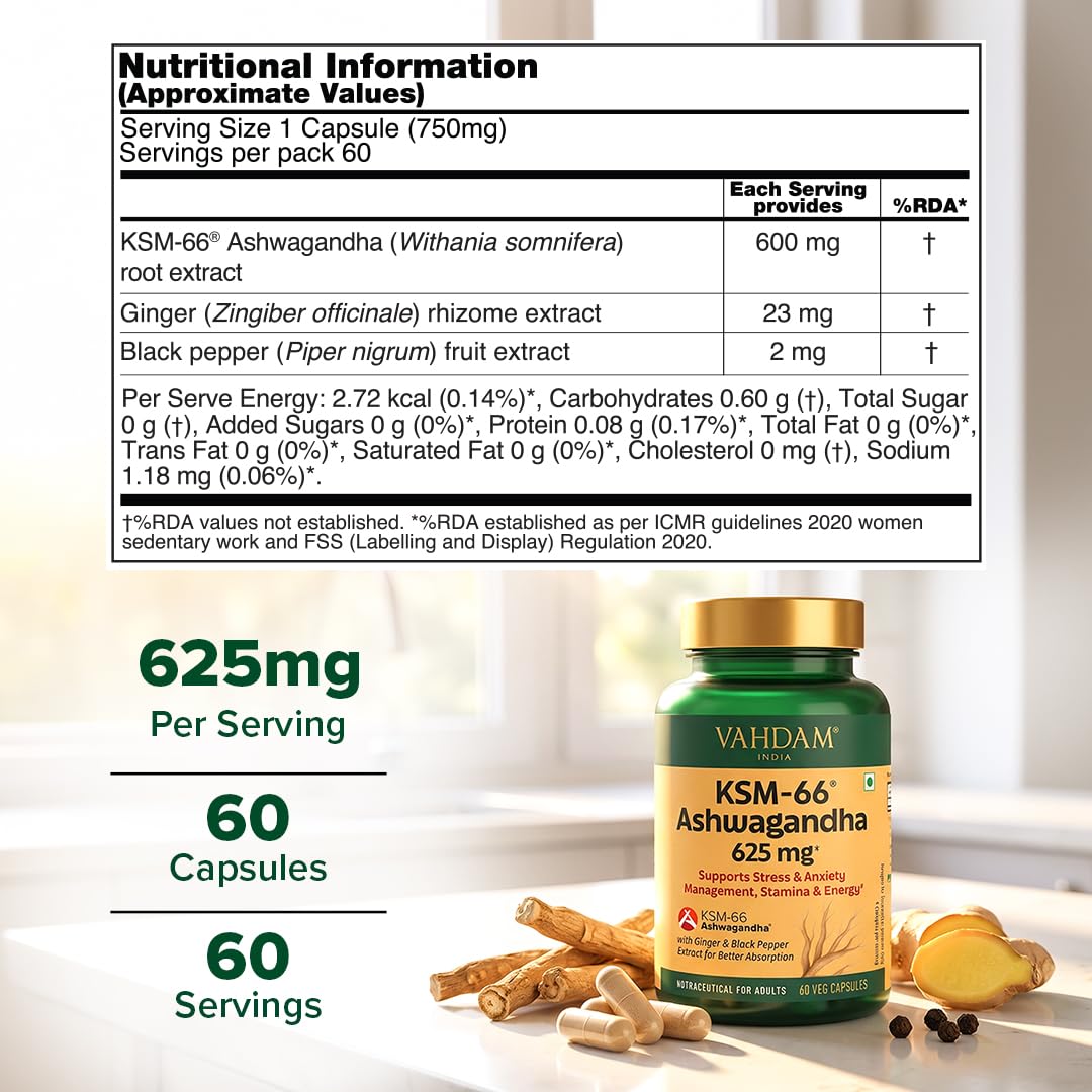 VAHDAM KSM-66 Ashwagandha Capsules, 600mg Root Extract, 5% Withanolides, 60 Veg Capsules, Herbal Supplement - front view