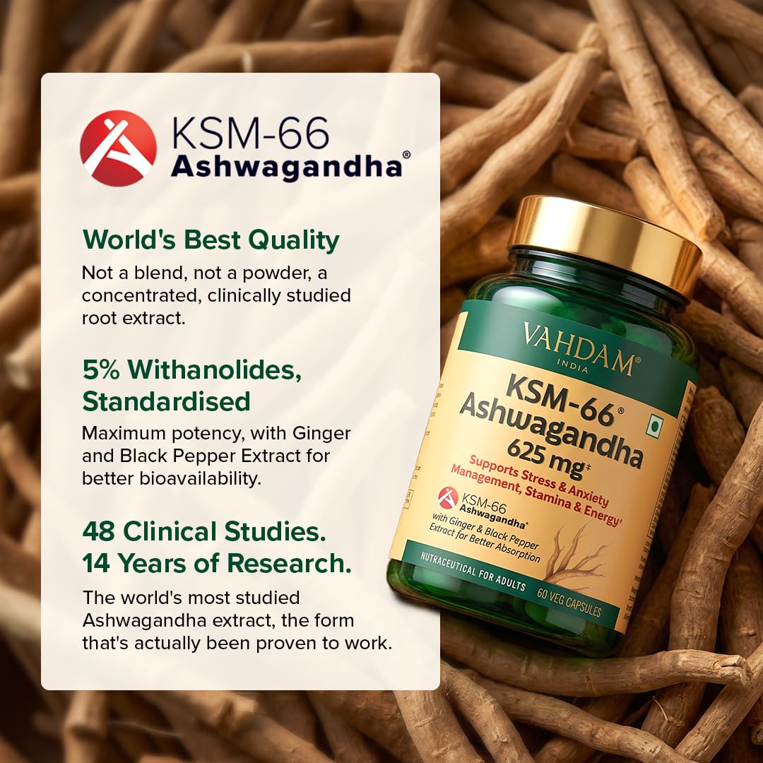 VAHDAM KSM-66 Ashwagandha Capsules, 600mg Root Extract, 5% Withanolides, 60 Veg Capsules, Herbal Supplement - packaging