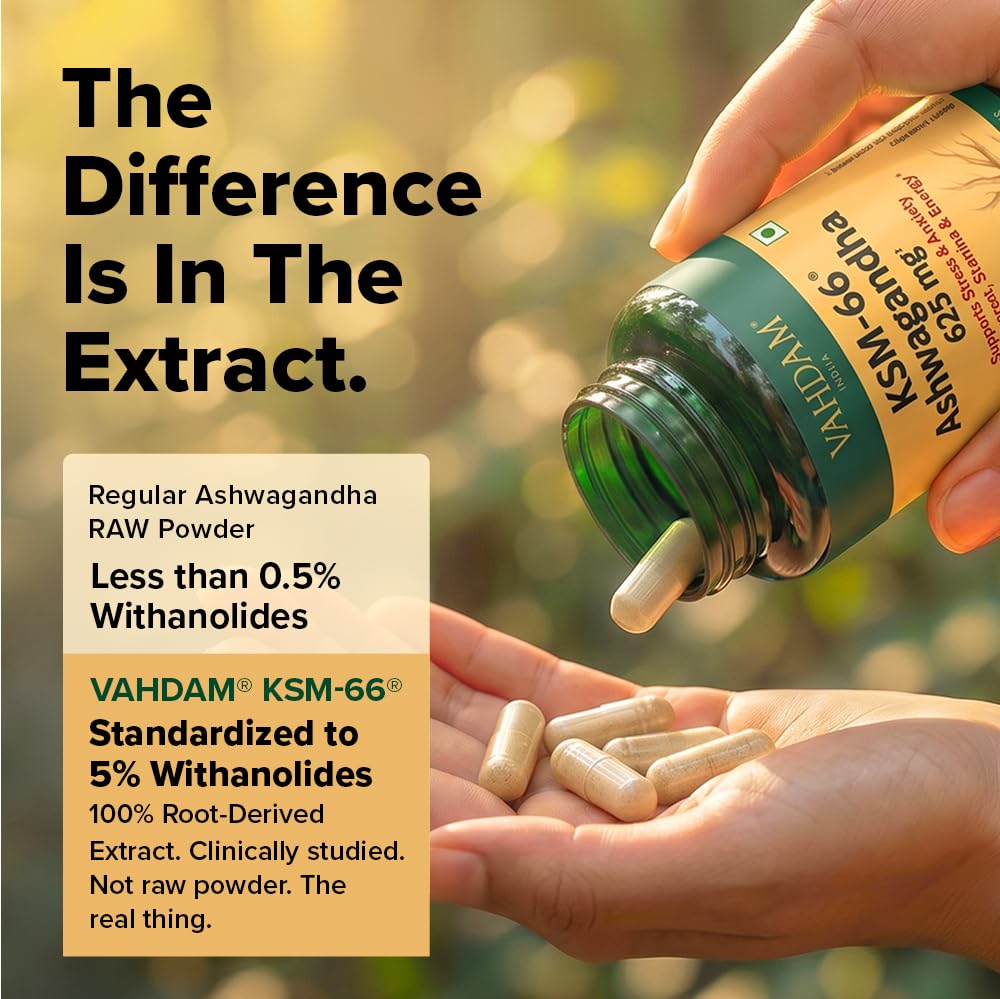 VAHDAM KSM-66 Ashwagandha Capsules, 600mg Root Extract, 5% Withanolides, 60 Veg Capsules, Herbal Supplement - ingredients pan