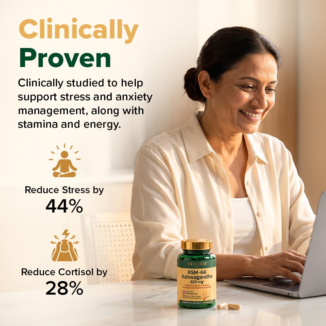 VAHDAM KSM-66 Ashwagandha Capsules, 600mg Root Extract, 5% Withanolides, 60 Veg Capsules, Herbal Supplement - close-up detail