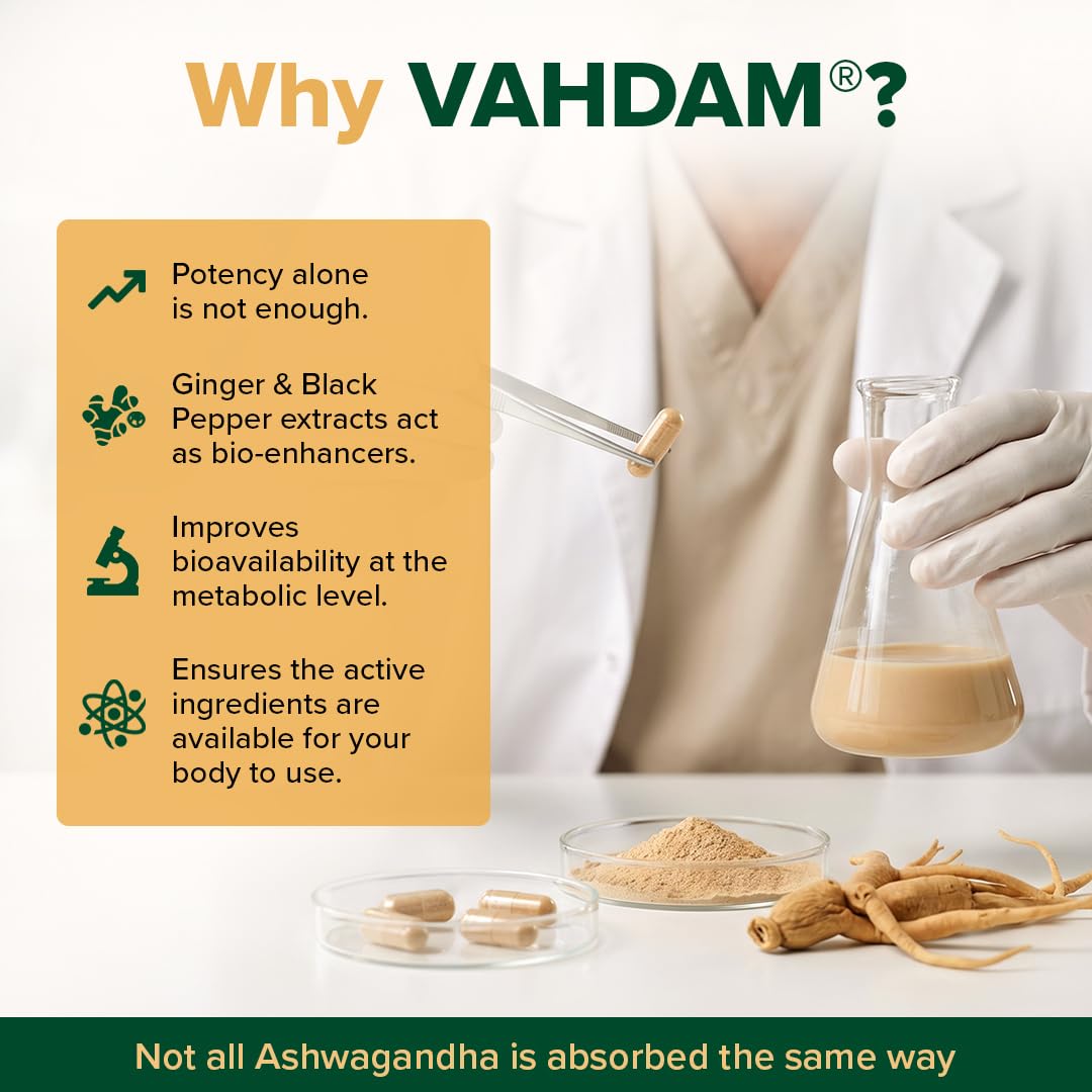 VAHDAM KSM-66 Ashwagandha Capsules, 600mg Root Extract, 5% Withanolides, 60 Veg Capsules, Herbal Supplement - in use