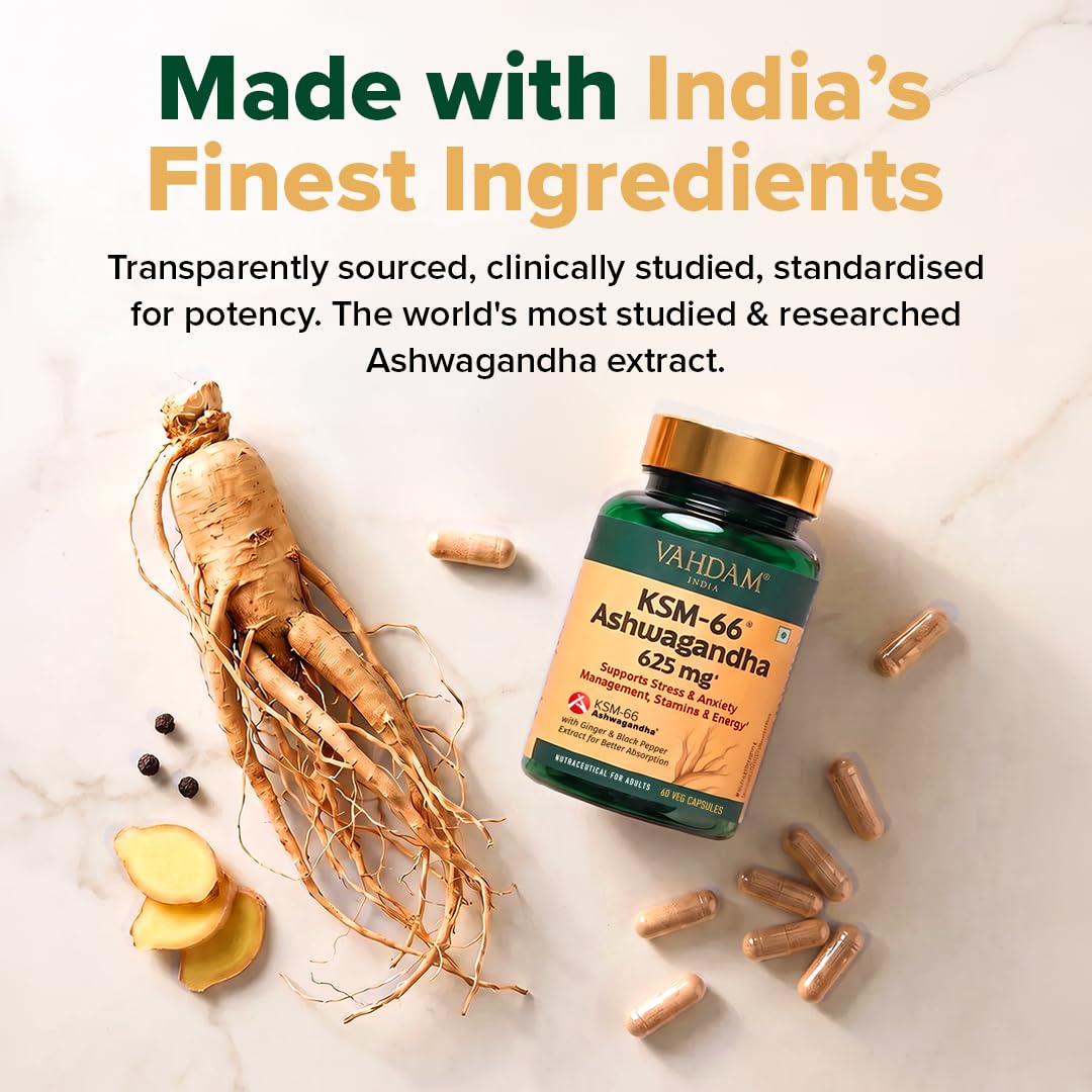 VAHDAM KSM-66 Ashwagandha Capsules, 600mg Root Extract, 5% Withanolides, 60 Veg Capsules, Herbal Supplement - size and scale