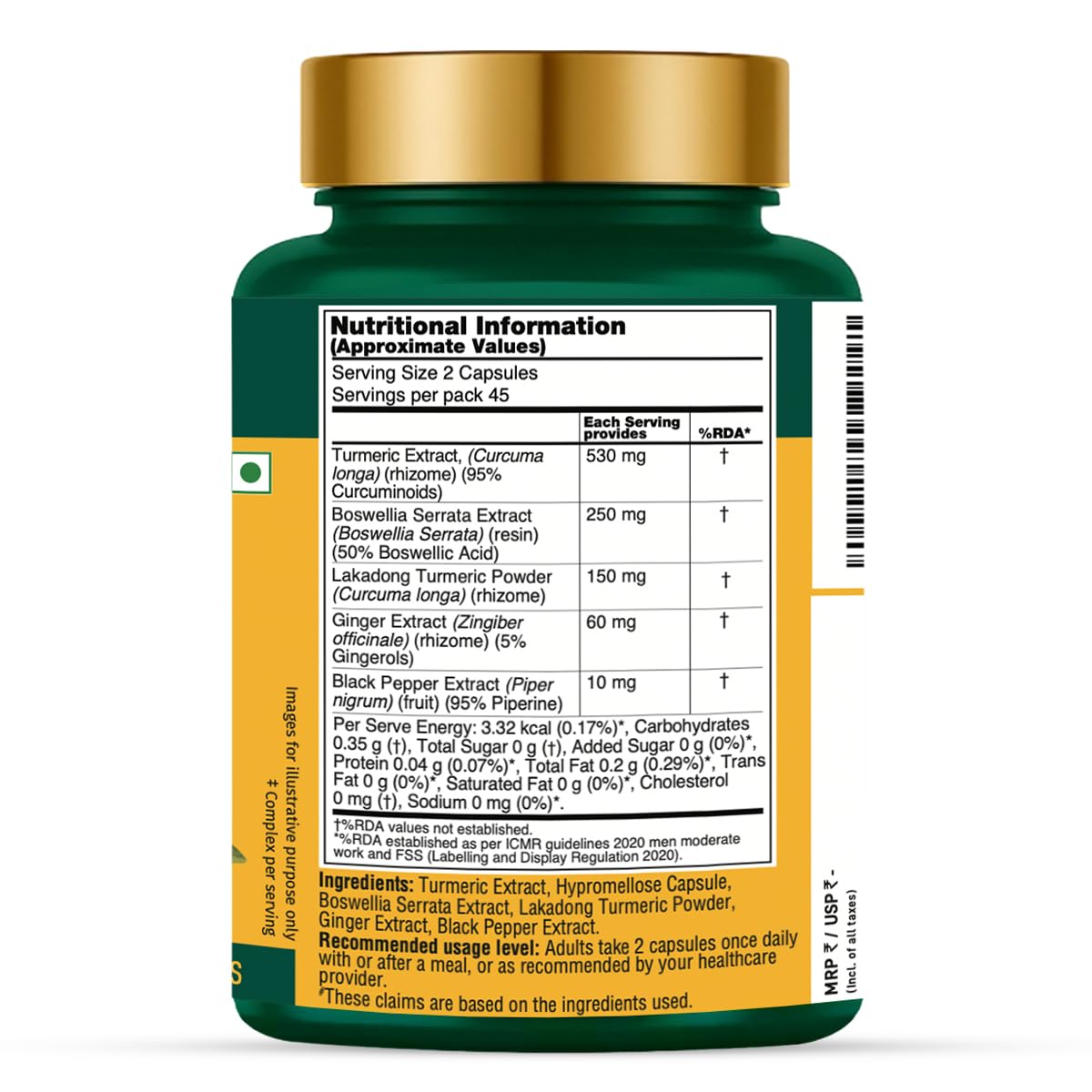 VAHDAM Turmeric Curcumin Supplement with Piperine and Boswellia, 500mg Curcuminoids, Vegan Capsules - front view (11)