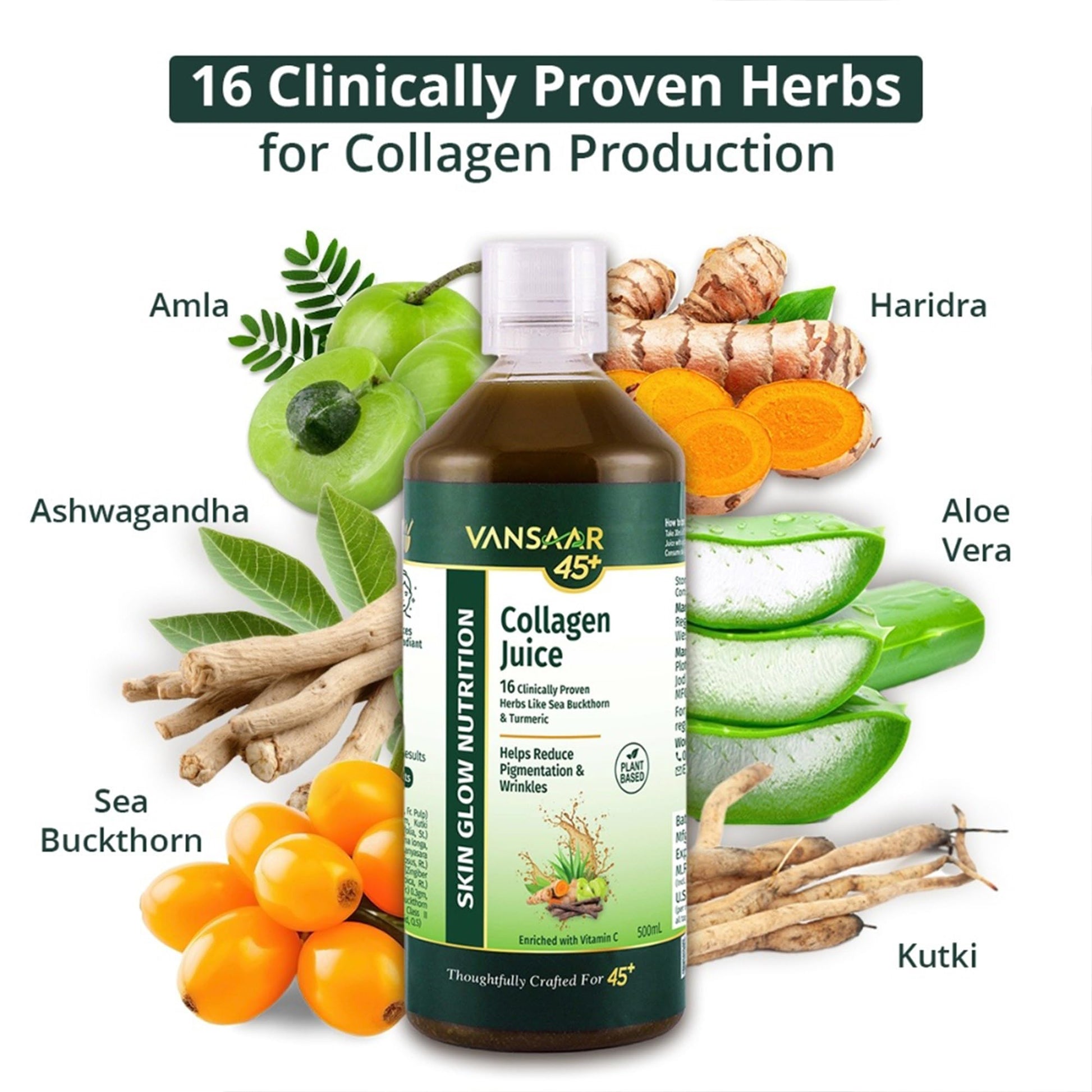 Vansaar 45+ Liquid Collagen Juice, 500ml, Vegetarian Herbal Supplement with Amla, Aloe Vera, Sea Buckthorn & Vitamin C - labe
