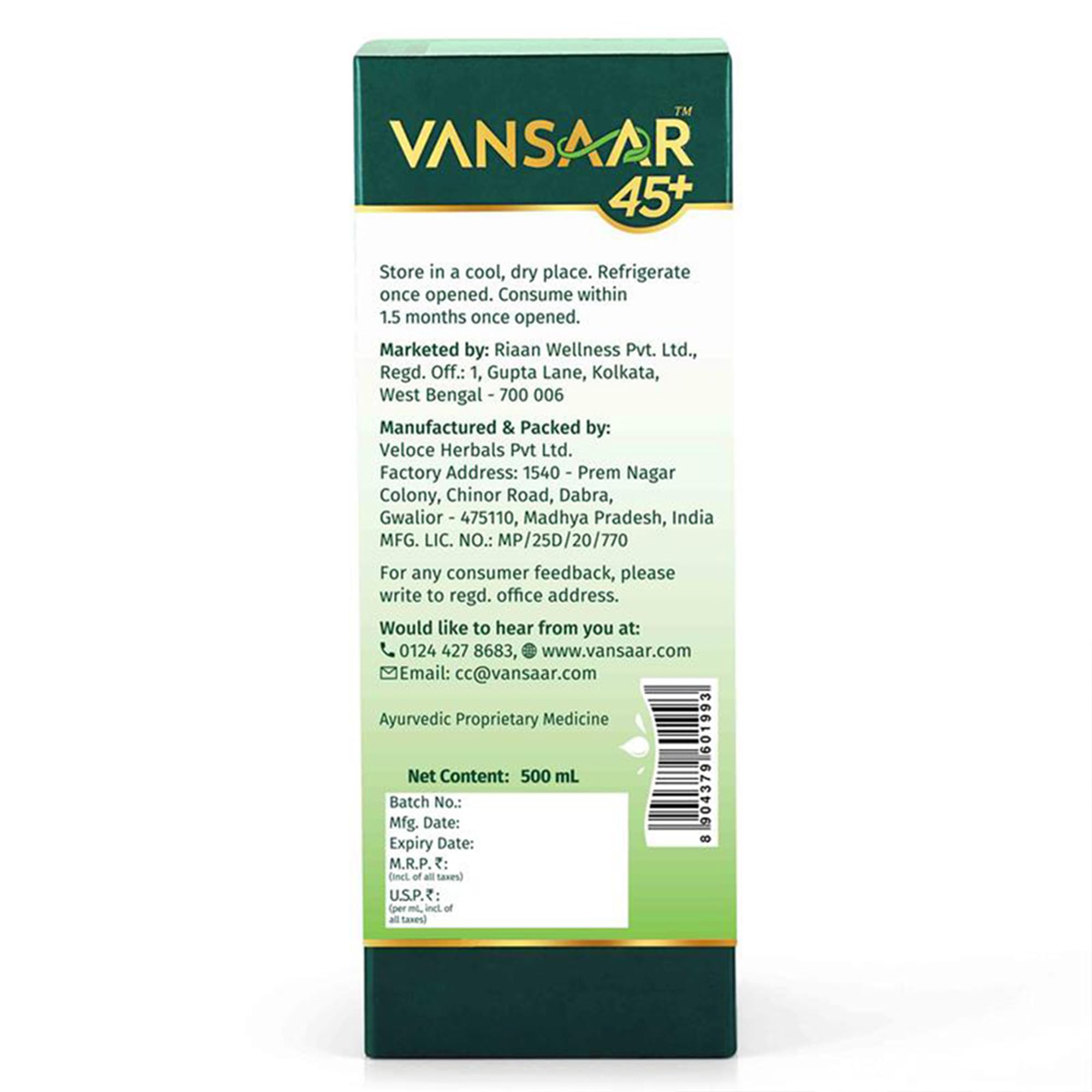 Vansaar 45+ Liquid Collagen Juice, 500ml, Vegetarian Herbal Supplement with Amla, Aloe Vera, Sea Buckthorn & Vitamin C - size