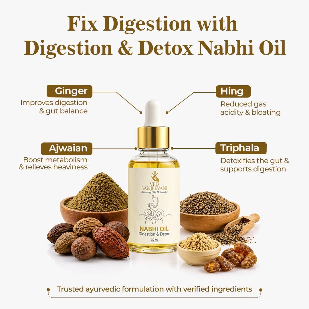 VED SANJEEVANI Nabhi Oil, Ayurvedic Herbal Oil with Hing and Ajwain, 30ml, Belly Button Oil - back view