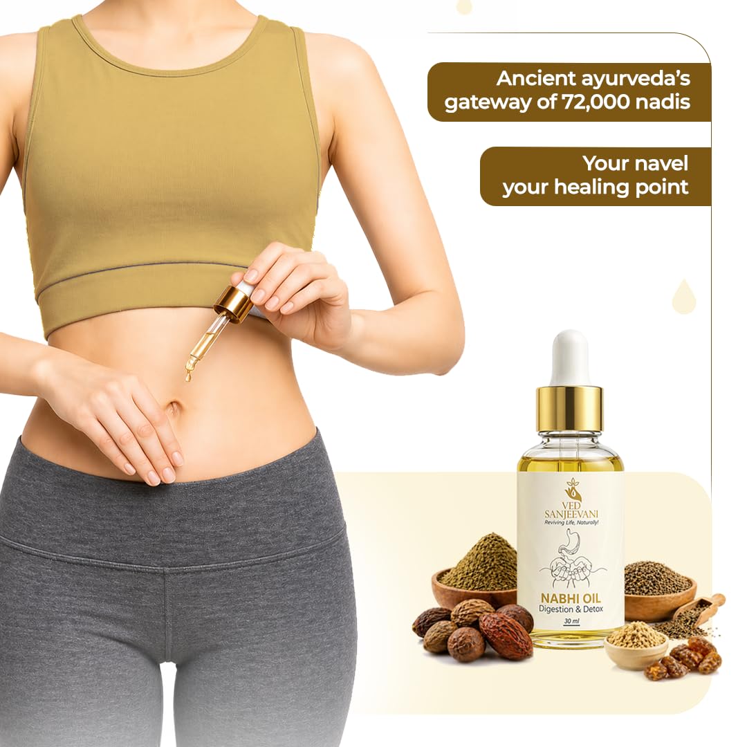 VED SANJEEVANI Nabhi Oil, Ayurvedic Herbal Oil with Hing and Ajwain, 30ml, Belly Button Oil - label detail