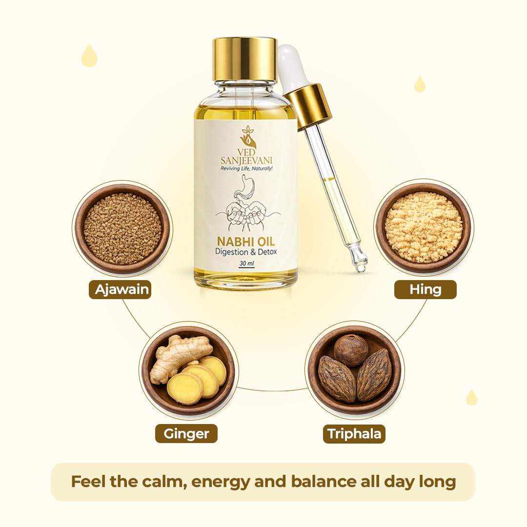 VED SANJEEVANI Nabhi Oil, Ayurvedic Herbal Oil with Hing and Ajwain, 30ml, Belly Button Oil - close-up detail