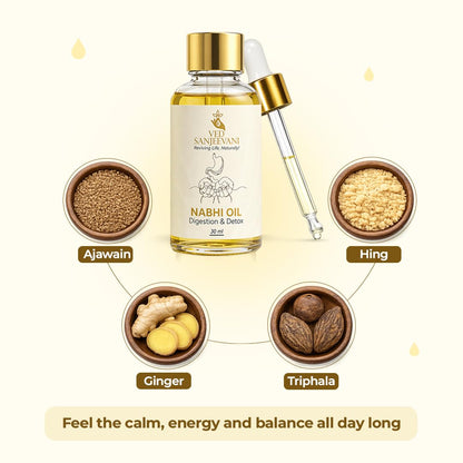 VED SANJEEVANI Nabhi Oil, Ayurvedic Herbal Oil with Hing and Ajwain, 30ml, Belly Button Oil - close-up detail