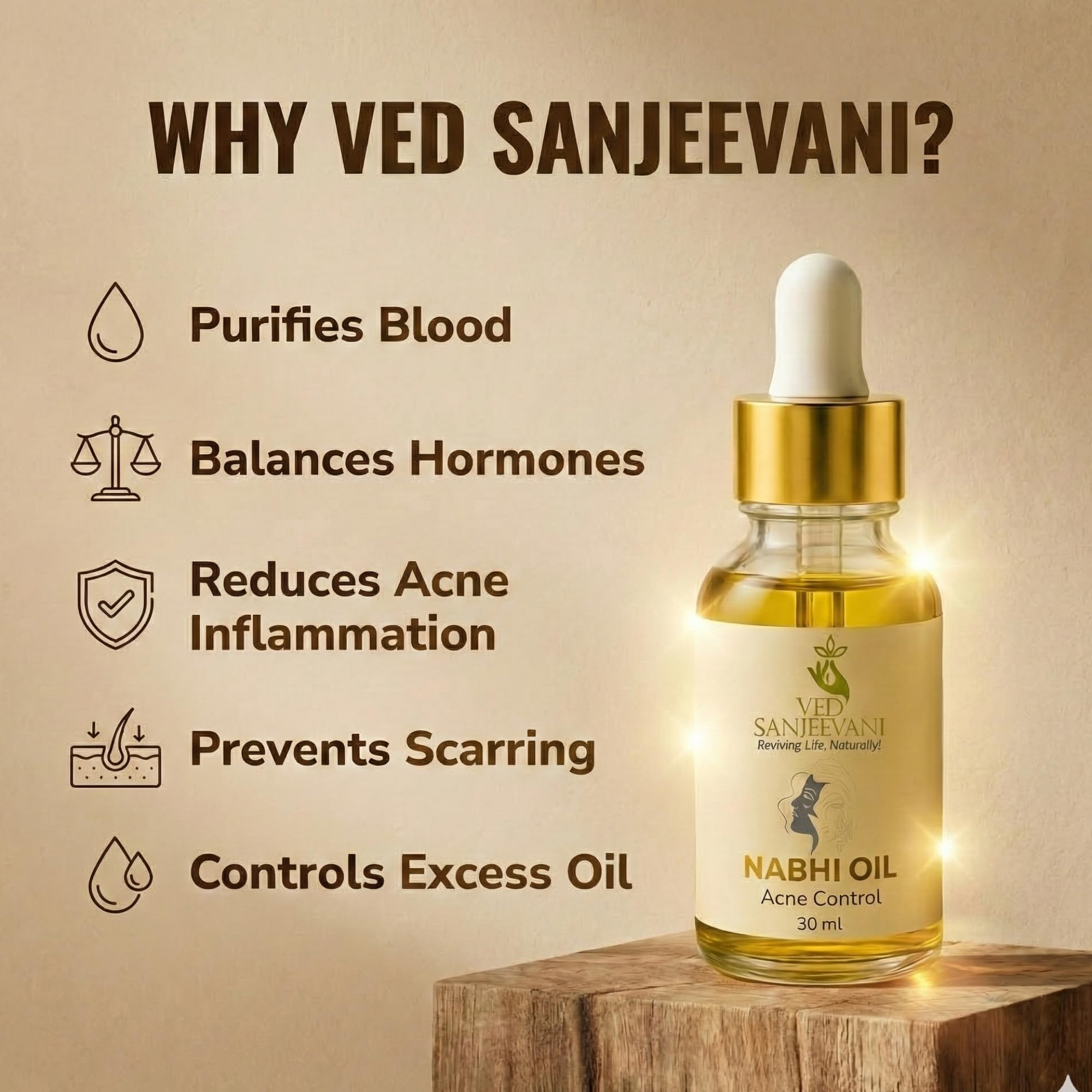 VED SANJEEVANI Nabhi Oil with Tea Tree, Neem, Turmeric & Black Seed Oil, 30ml, Ayurvedic Belly Button Oil - packaging