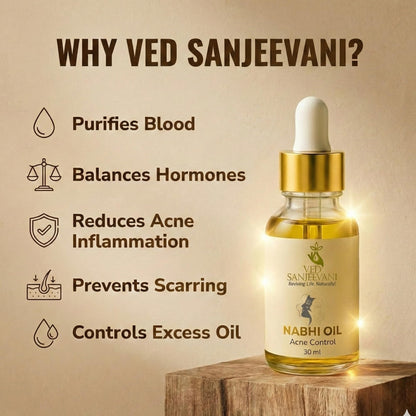 VED SANJEEVANI Nabhi Oil with Tea Tree, Neem, Turmeric & Black Seed Oil, 30ml, Ayurvedic Belly Button Oil - packaging