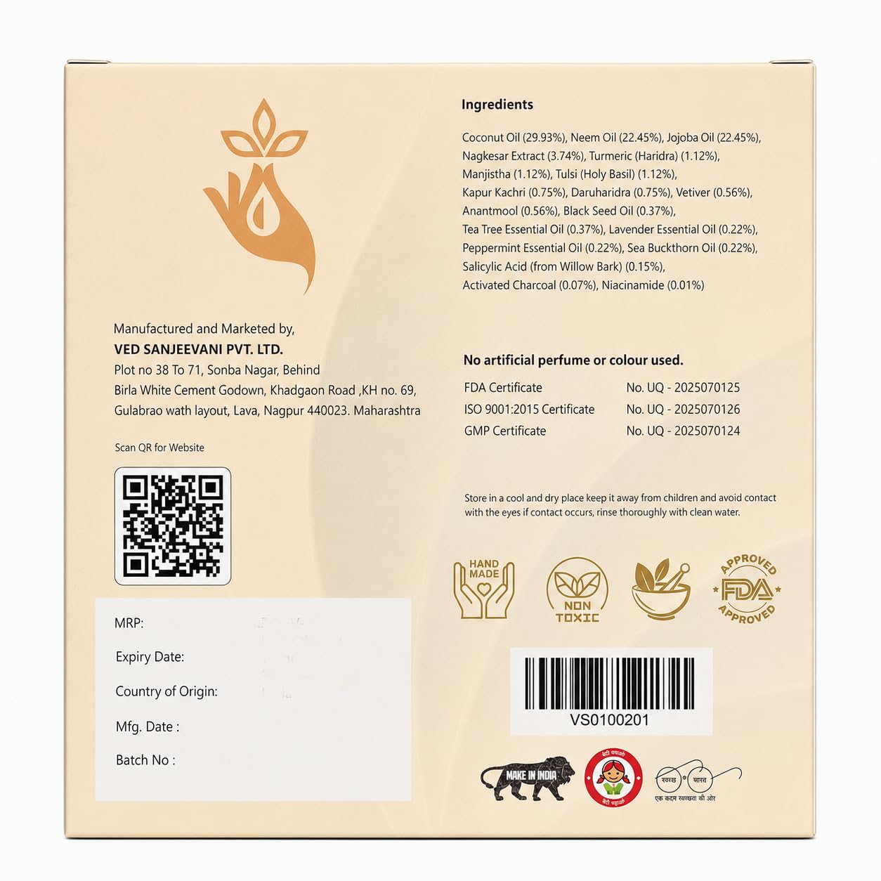 VED SANJEEVANI Nabhi Oil with Tea Tree, Neem, Turmeric & Black Seed Oil, 30ml, Ayurvedic Belly Button Oil - ingredients panel