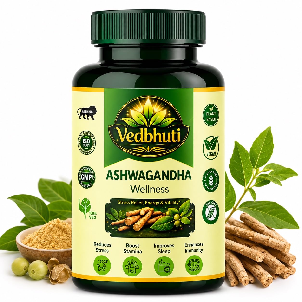 VEDBHUTI Ashwagandha Capsules 500mg, 60 Count, Vegan Herbal Supplement, Non-GMO