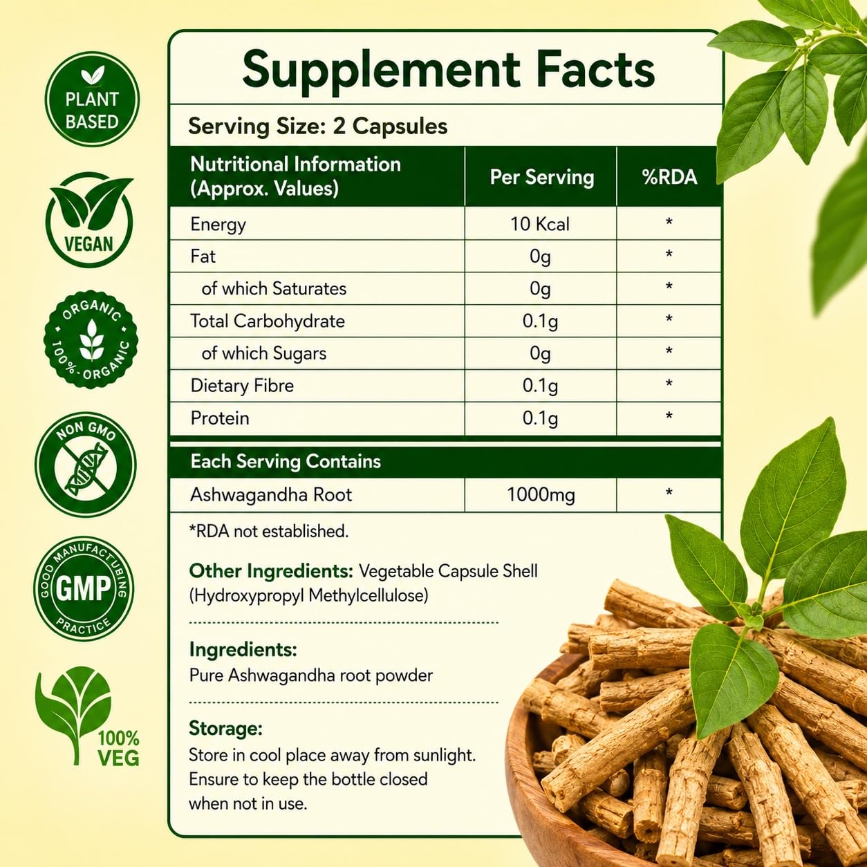 VEDBHUTI Ashwagandha Capsules 500mg, 60 Count, Vegan Herbal Supplement, Non-GMO - label detail