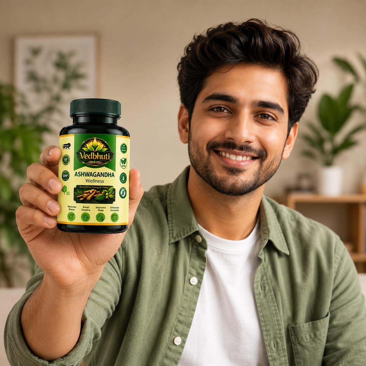 VEDBHUTI Ashwagandha Capsules 500mg, 60 Count, Vegan Herbal Supplement, Non-GMO - close-up detail