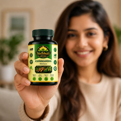 VEDBHUTI Ashwagandha Capsules 500mg, 60 Count, Vegan Herbal Supplement, Non-GMO - in use