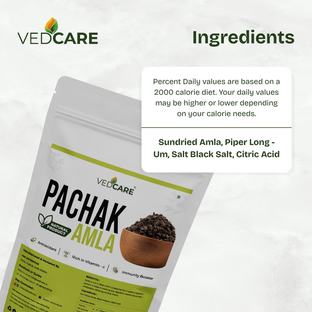 Vedcare Dried Amla Pachak Candy, Indian Gooseberry Snack, Seasoned with Black Salt and Spices - label detail