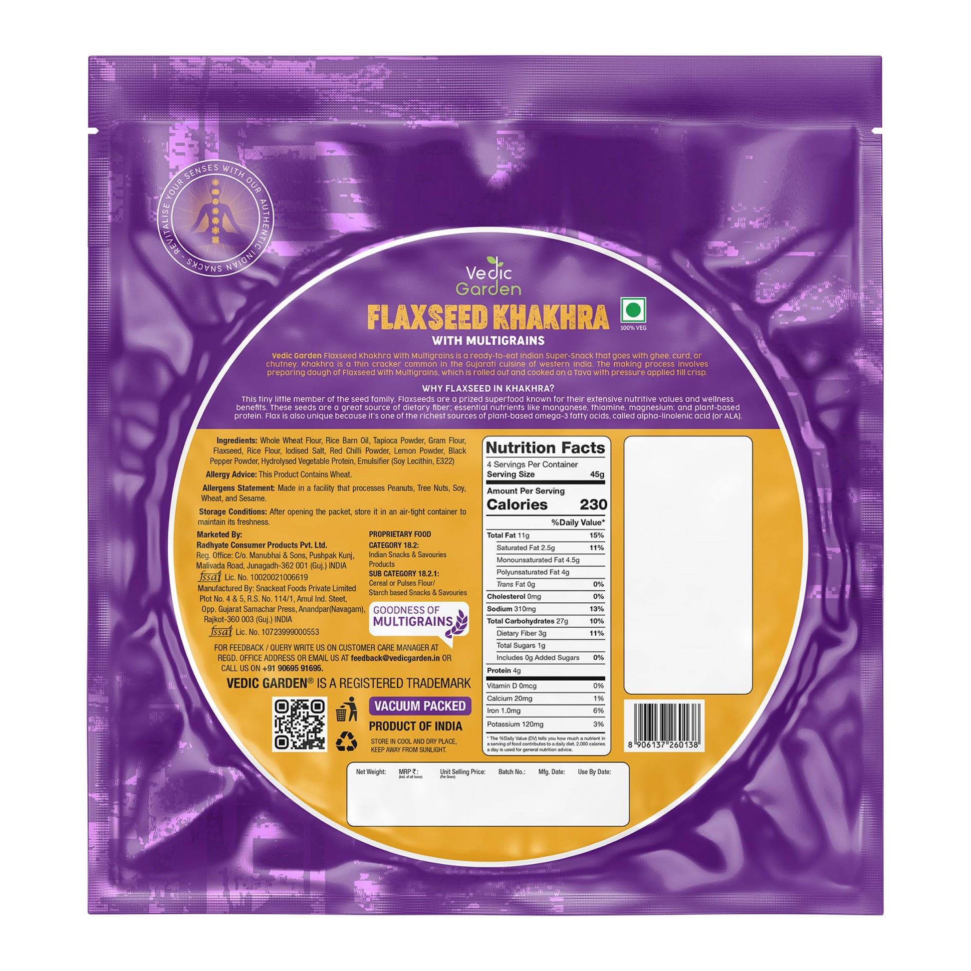 Vedic Garden Flaxseed Multigrain Khakhra, 180g - Roasted Indian Cracker, Vegan, No Palm Oil - front view