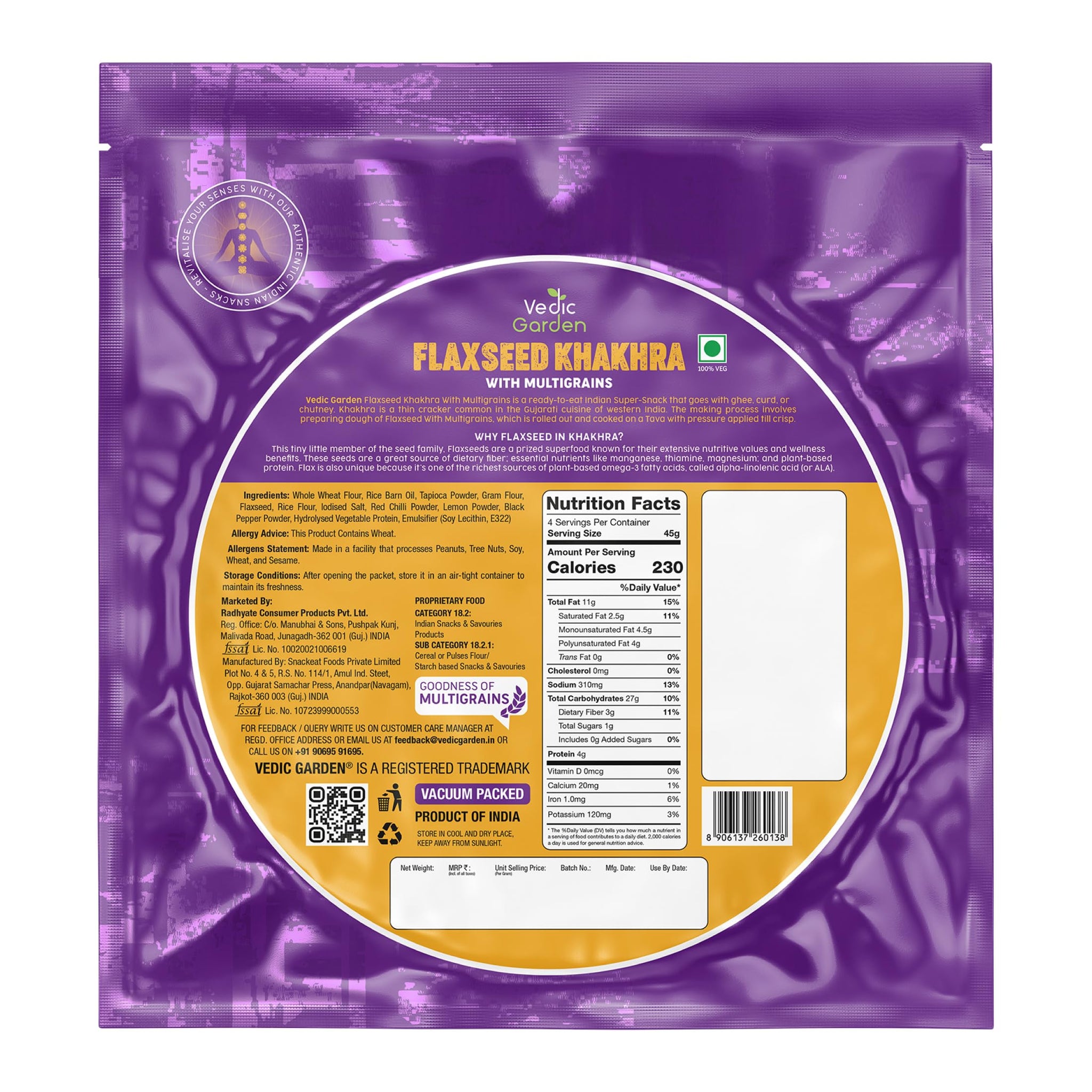Vedic Garden Flaxseed Multigrain Khakhra, 180g - Roasted Indian Cracker, Vegan, No Palm Oil - front view