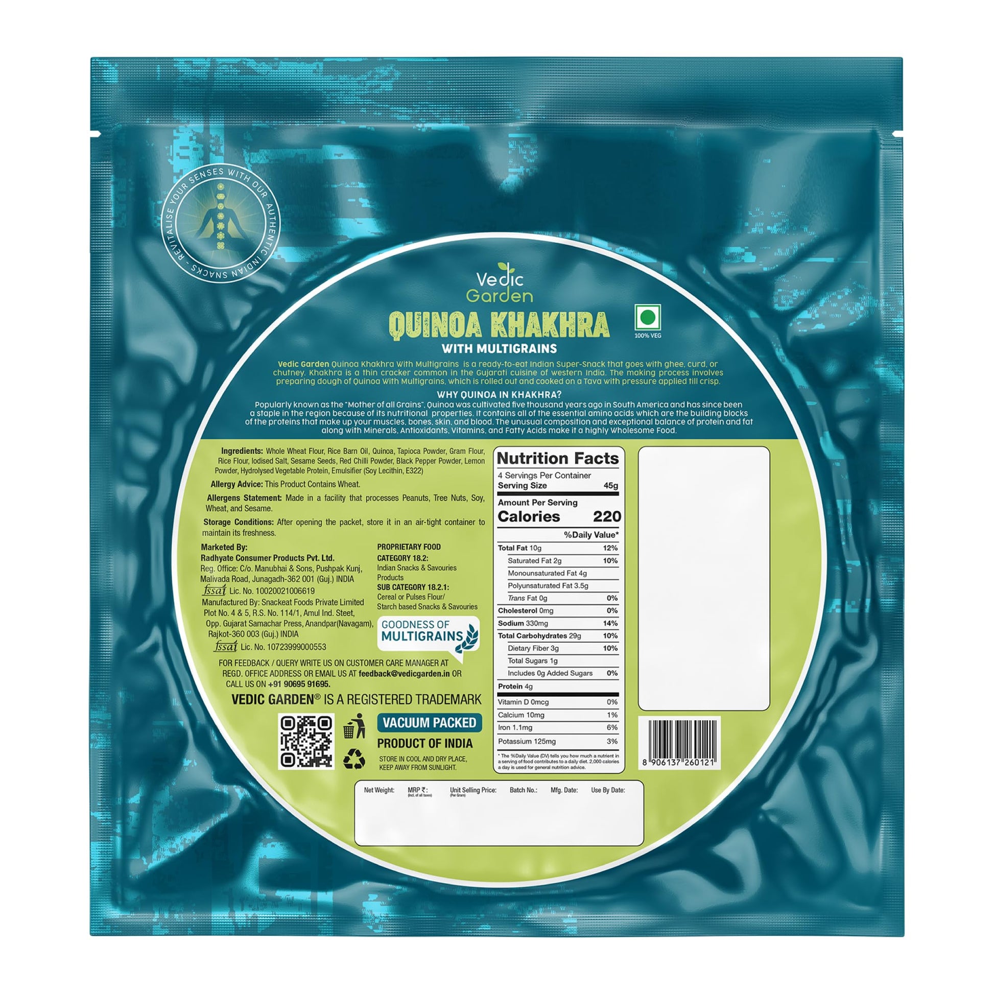 Vedic Garden Flaxseed Multigrain Khakhra, Roasted Thin Cracker, Vegan, Vacuum Packed, Gujarati Snack - front view (14)