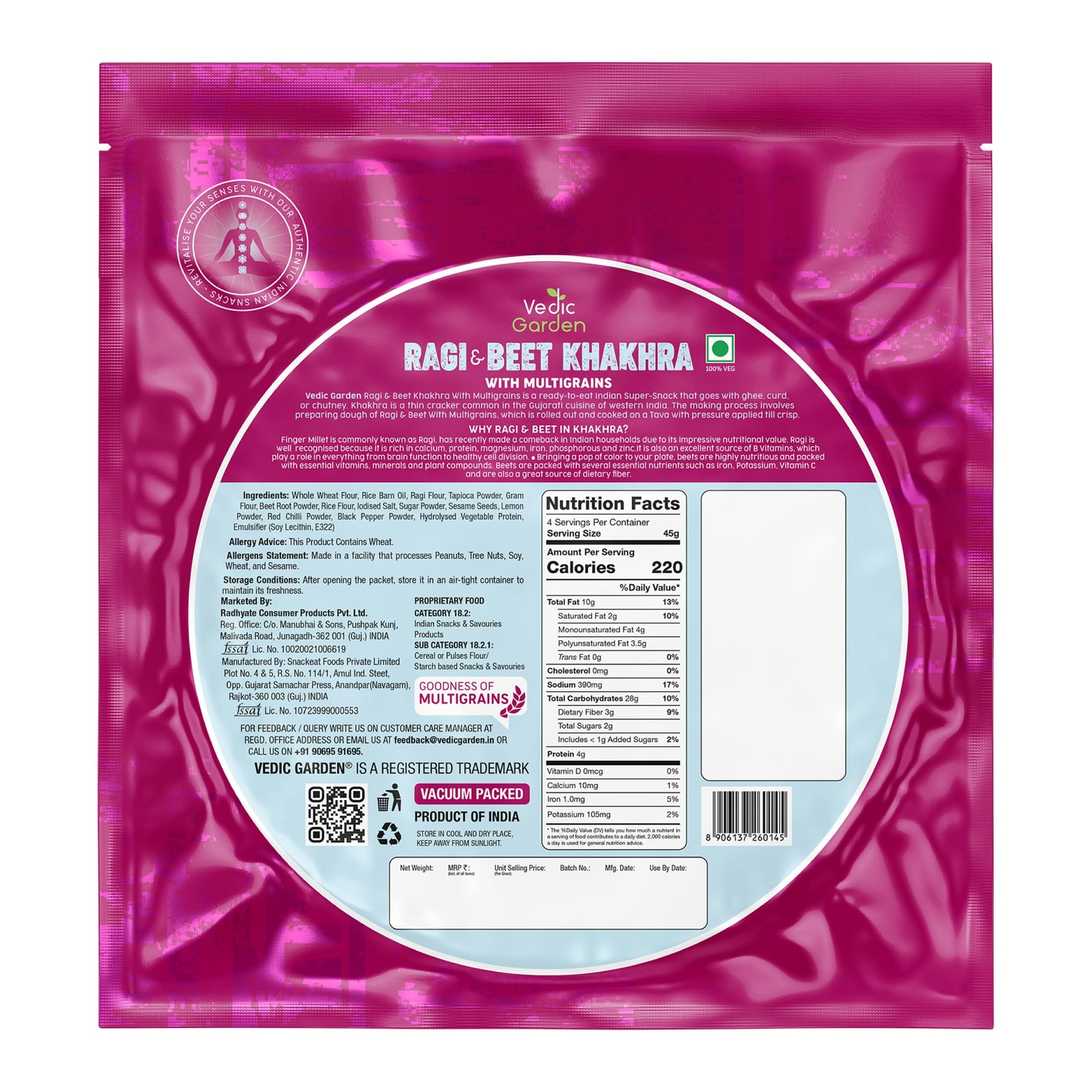 Vedic Garden Flaxseed Multigrain Khakhra, Roasted Thin Cracker, Vegan, Vacuum Packed, Gujarati Snack - front view (20)