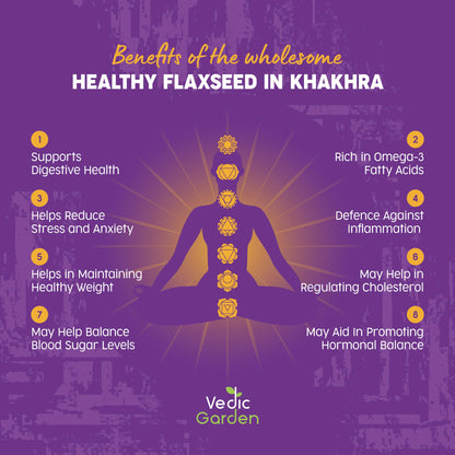 Vedic Garden Flaxseed Multigrain Khakhra, Roasted Thin Cracker, Vegan, Vacuum Packed, Gujarati Snack - label detail