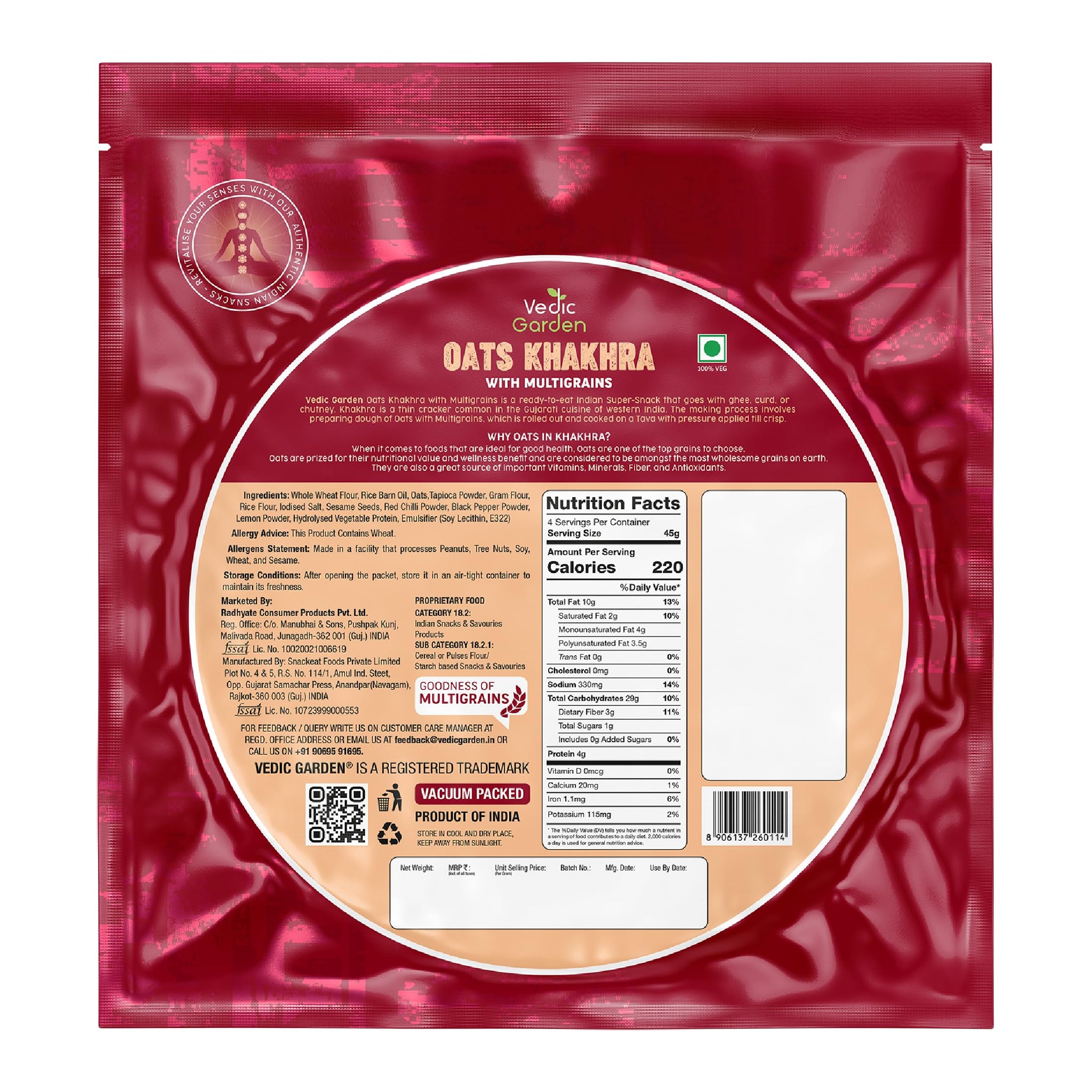 Vedic Garden Flaxseed Multigrain Khakhra, Roasted Thin Cracker, Vegan, Vacuum Packed, Gujarati Snack - front view (8)