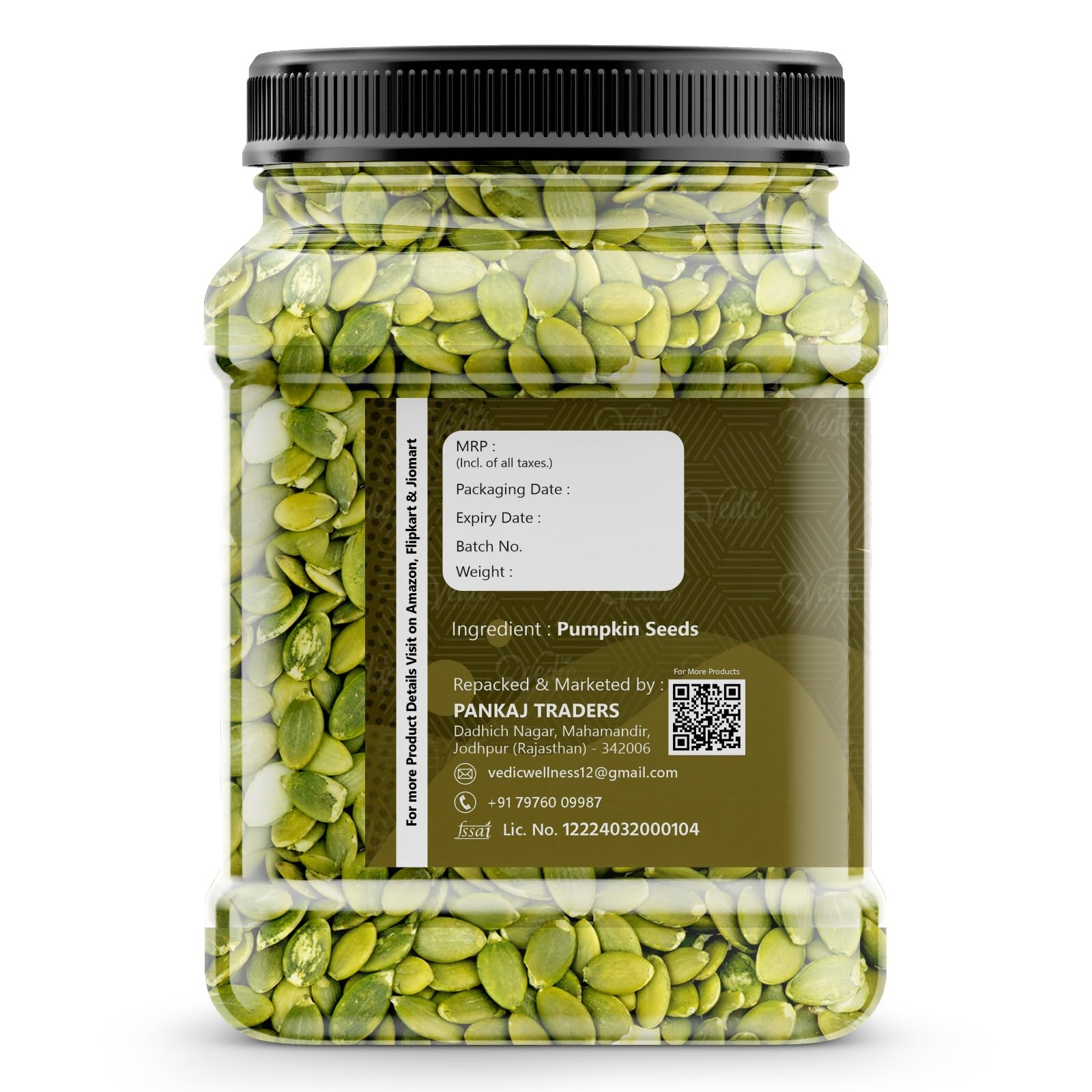 VEDIC WELLNESS Raw Natural Pumpkin Seeds, 250g, Gluten-Free Vegan Pepitas Snack - front view
