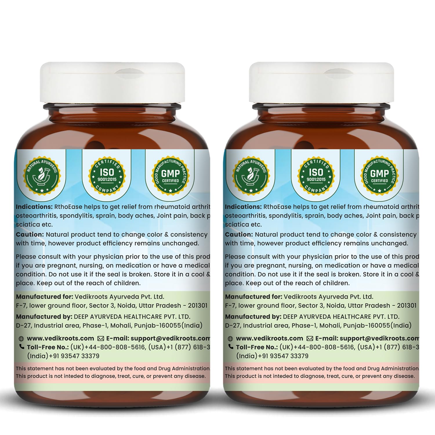 VEDIKROOTS RthoEase Ayurvedic Herbal Supplement, 120 Veg Capsules, Pack of 2, 130g - front view