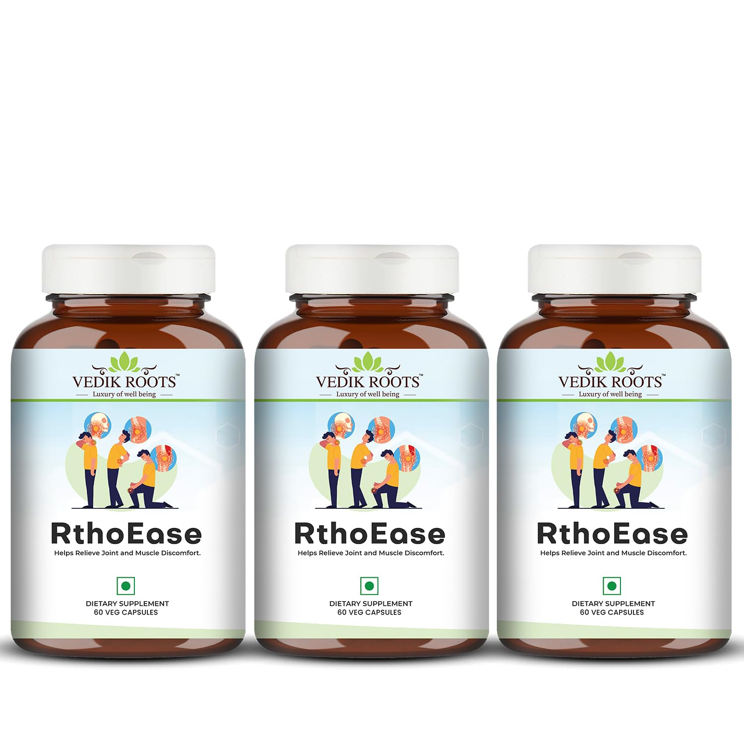 VEDIKROOTS RthoEase Ayurvedic Herbal Supplement, 180 Veg Capsules, Pack of 3, 250g