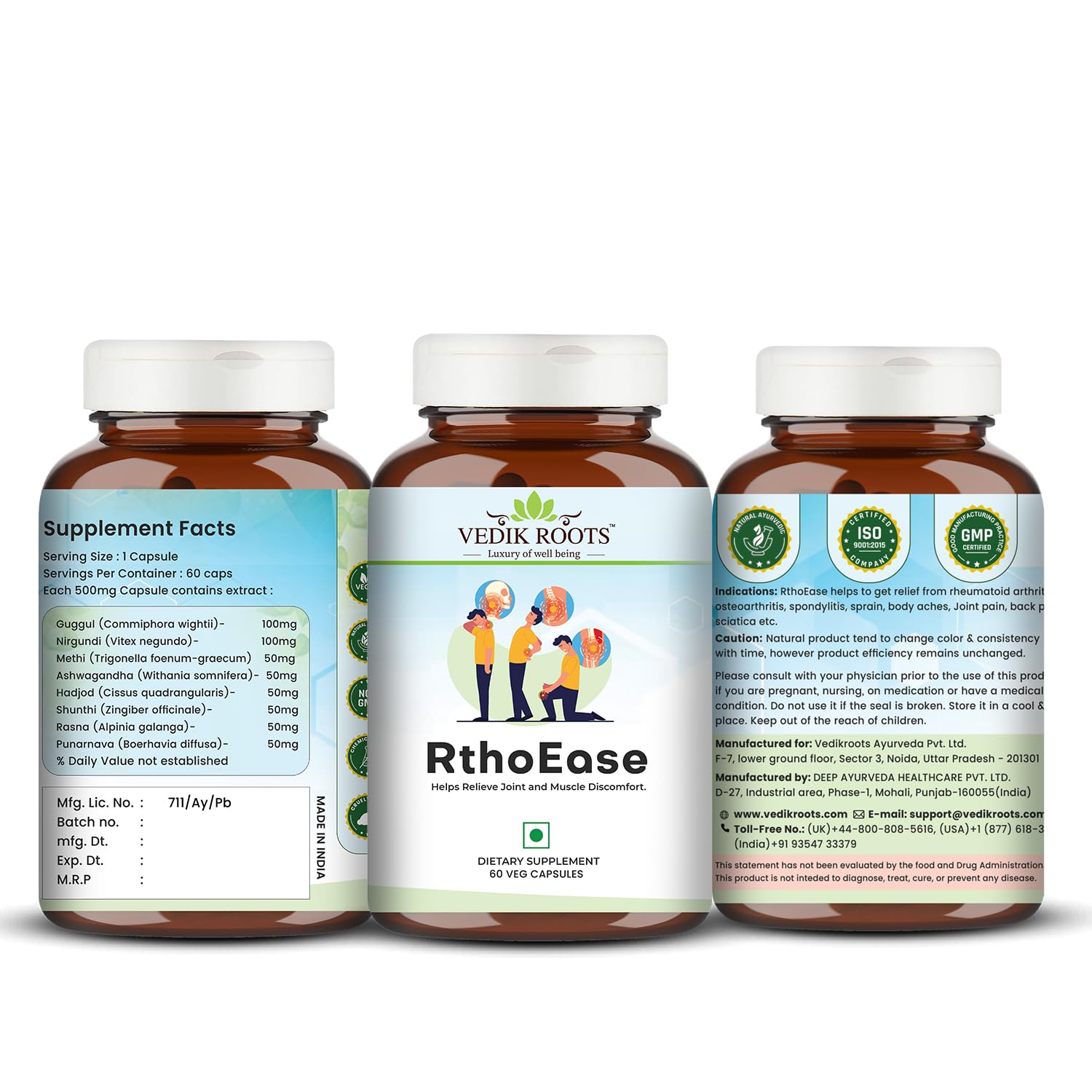 VEDIKROOTS RthoEase Ayurvedic Herbal Supplement, 180 Veg Capsules, Pack of 3, 250g - front view