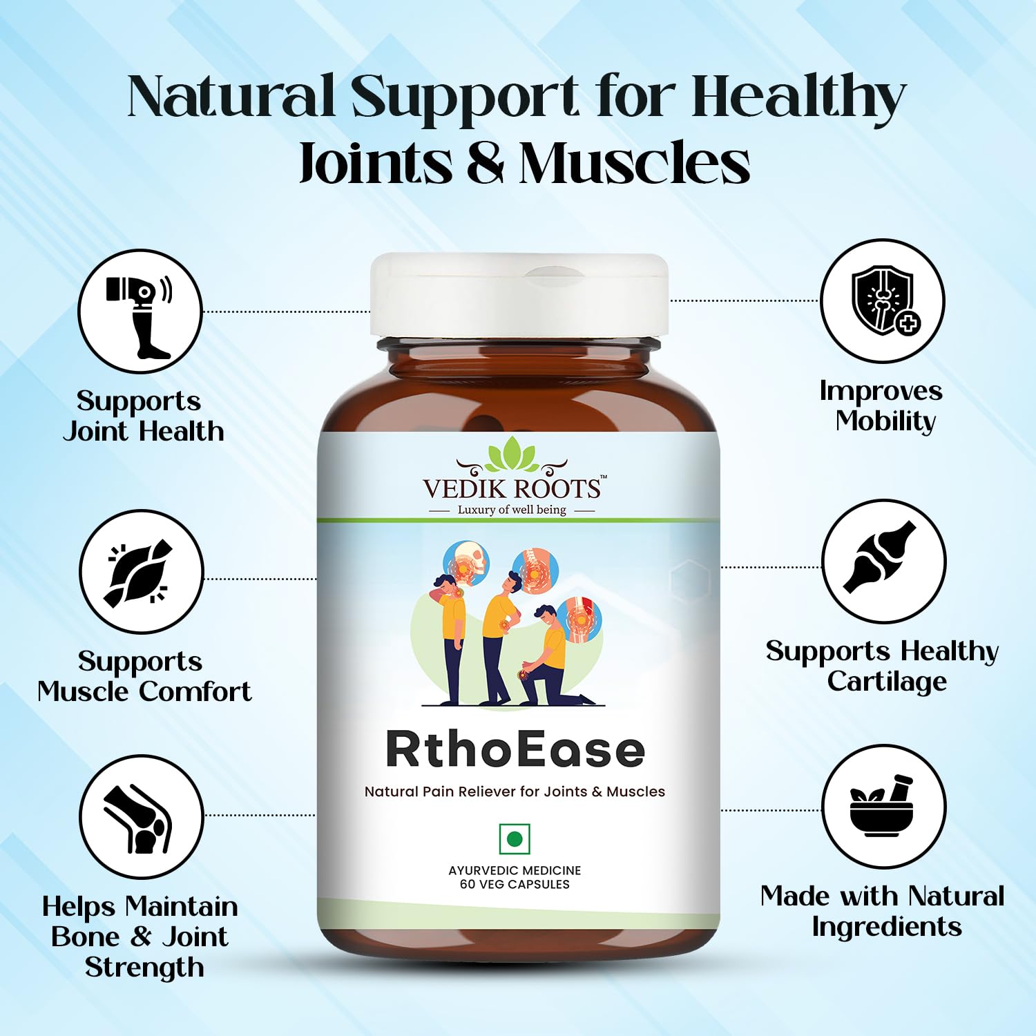 VEDIKROOTS RthoEase Ayurvedic Herbal Supplement, 180 Veg Capsules, Pack of 3, 250g - back view