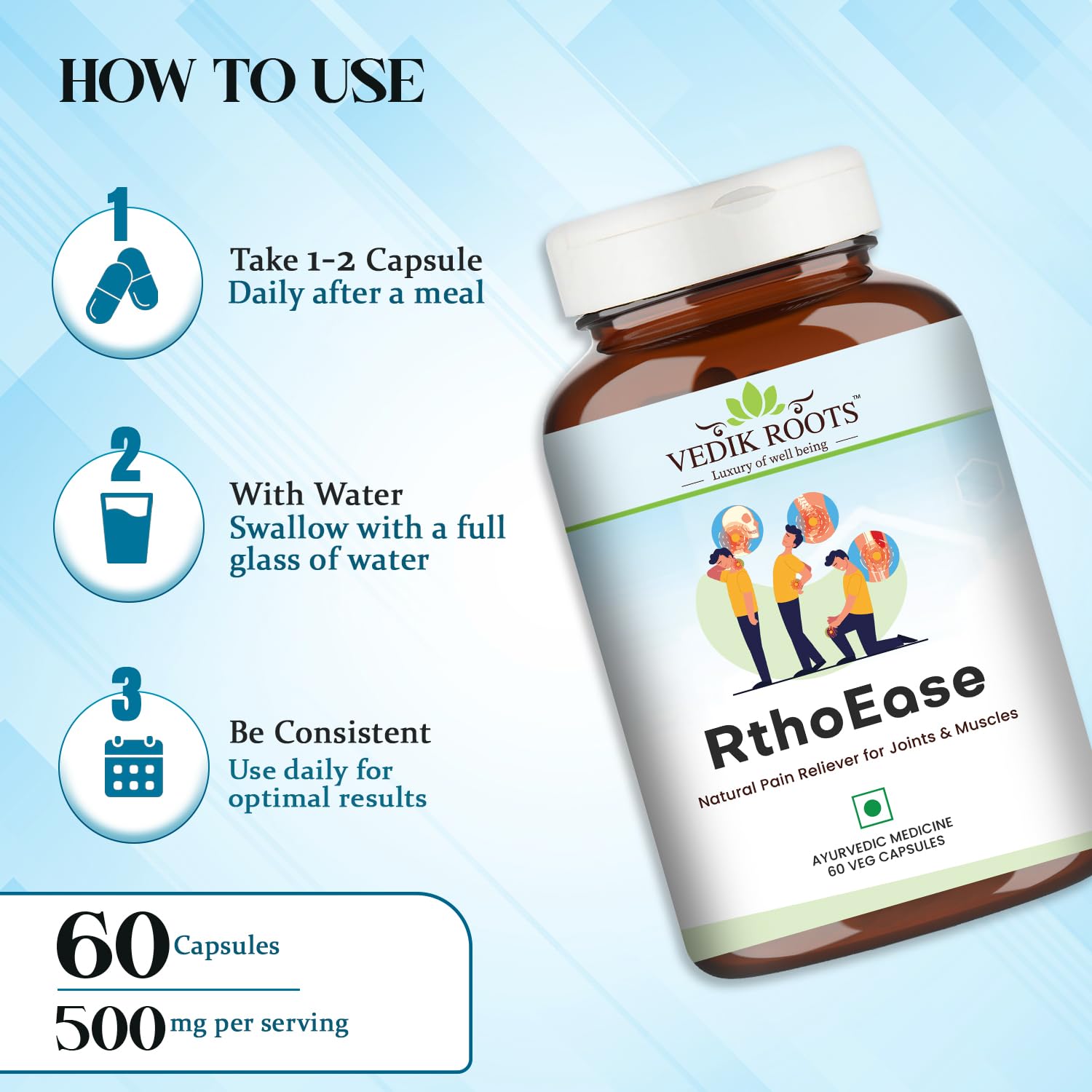 VEDIKROOTS RthoEase Ayurvedic Herbal Supplement, 180 Veg Capsules, Pack of 3, 250g - close-up detail