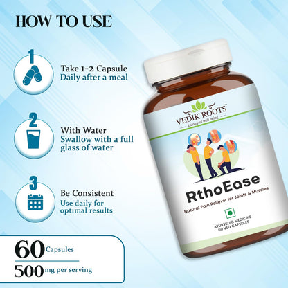 VEDIKROOTS RthoEase Ayurvedic Herbal Supplement, 180 Veg Capsules, Pack of 3, 250g - close-up detail