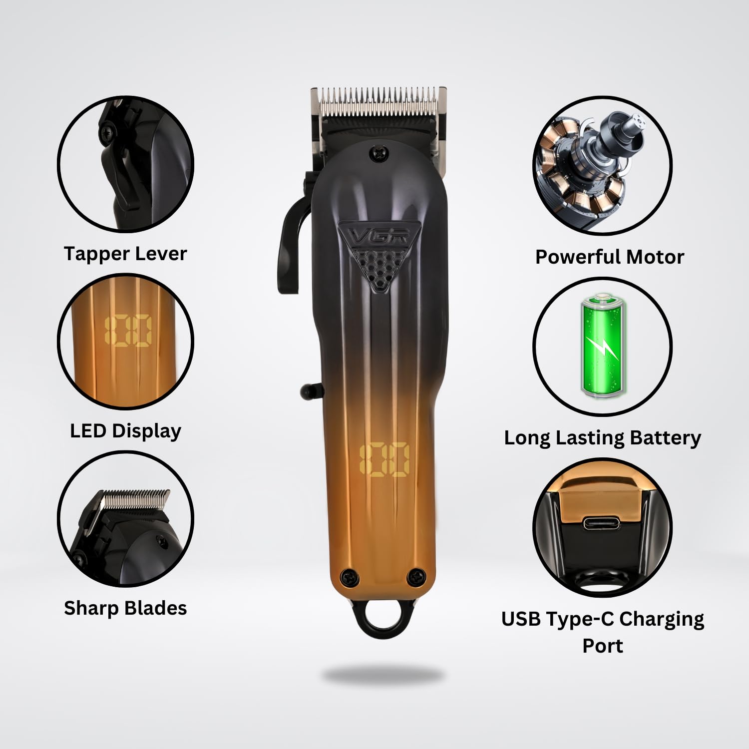 VGR V-646 Professional Rechargeable Hair Clipper Trimmer Set with Digital Display, 10 Guide Combs, Taper Lever, 200/120 Min R
