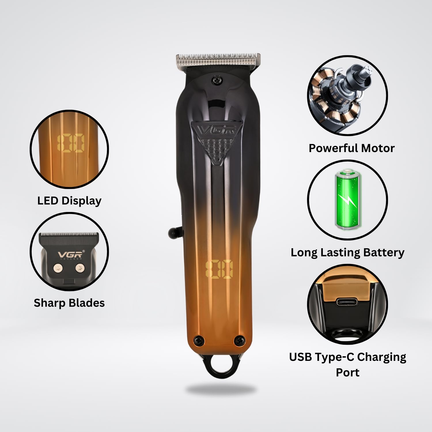 VGR V-646 Professional Rechargeable Hair Clipper Trimmer Set with Digital Display, 10 Guide Combs, Taper Lever, 200/120 Min R