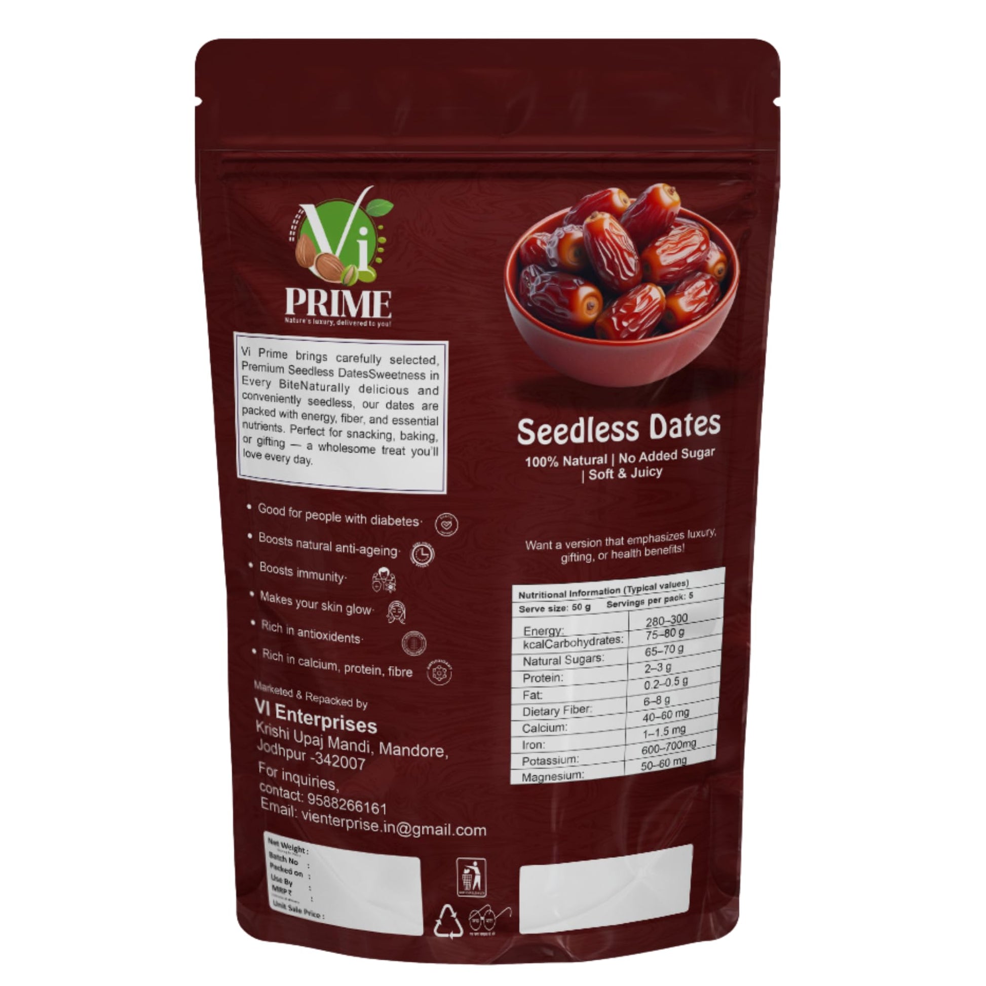 VI PRIME Seedless Dates, Natural Dried Fruit, No Added Sugar, Vegan Snack - front view