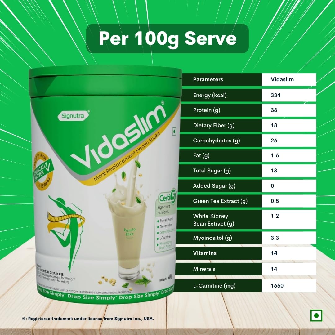 Vidaslim Meal Replacement Shake, 400g, Protein Powder with 22.8g Protein, No Added Sugars, Low Fat - back view (12)
