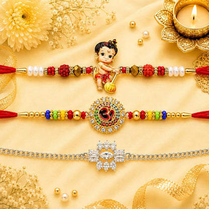 VighNox Rakhi set for Brother with Gift hamper, 3 rakhis for Rakshabandhan - front view (11)